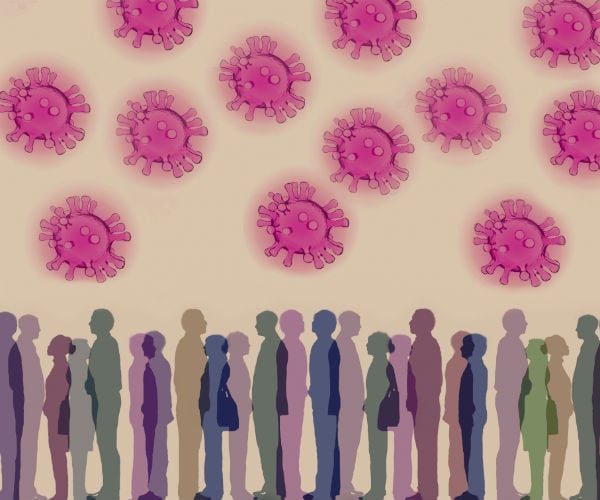 graphic shown human images in green, pink and blue under pink virus bubbles