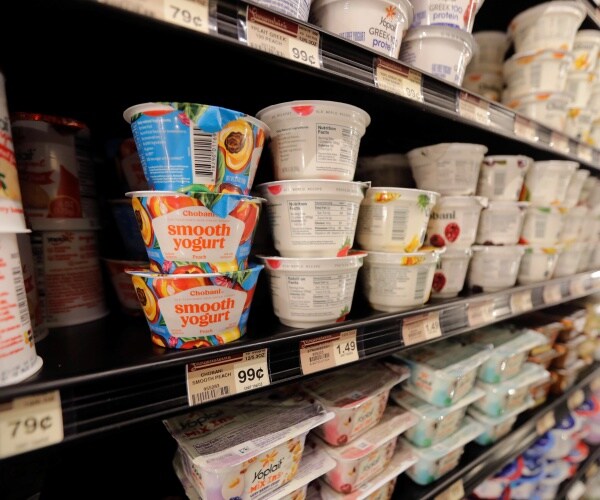 shelves of yogurt in grocery store