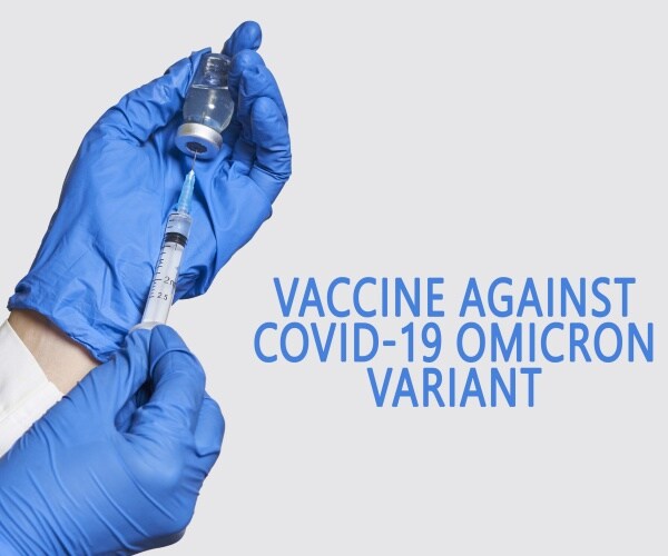 vial/syringe of vaccine and "Vaccine against omicron variant" in print