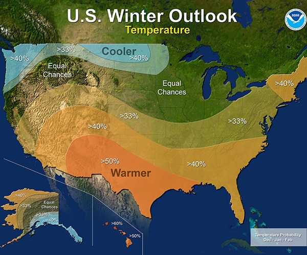 NOAA Winter Forecast: Colder, Snowier for North, Warmer, Drier in South