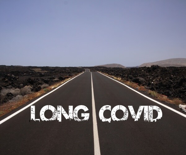 view of a long road ahead and the words 'Long COVID'