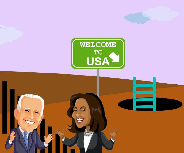 cartoon of biden and harris beside border  with ladder coming out of a tunnel and a sign reading welcome to u s a