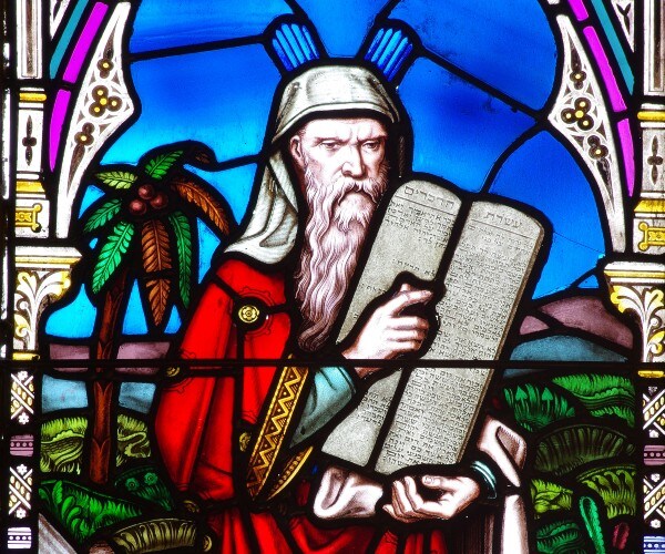 the ten commandments stained glass image in a church and or a cathedral 