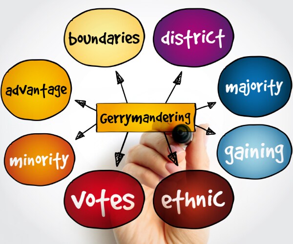 a hand drawing a chart with gerrymandering in the middle surrounded by its various concepts