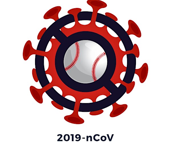 a graphic illustration of a coronavirus mockup with a baseball in the center of it