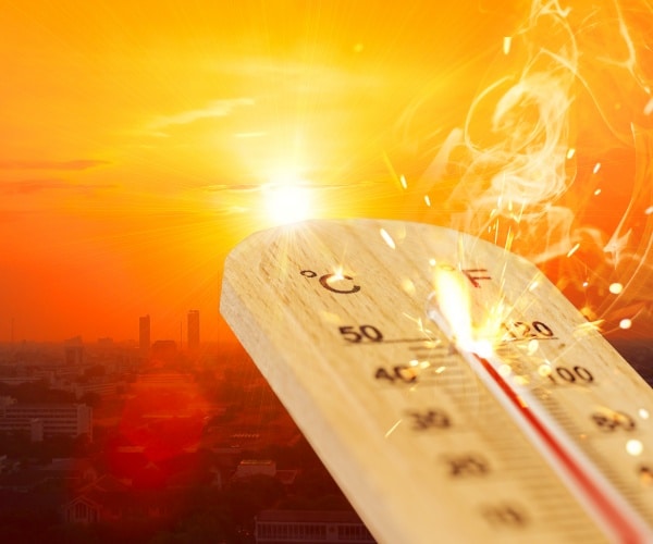 hot sun, sky, thermometer showing extremely hot temps