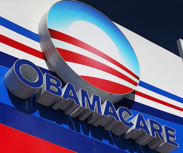 an obamacare logo with red, white, and blue