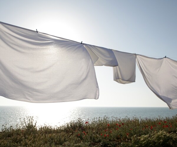 sheets outside drying on a clothesline 