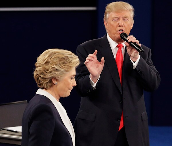 President Donald Trump addresses Hillary Clinton during a 2016 presidential debate