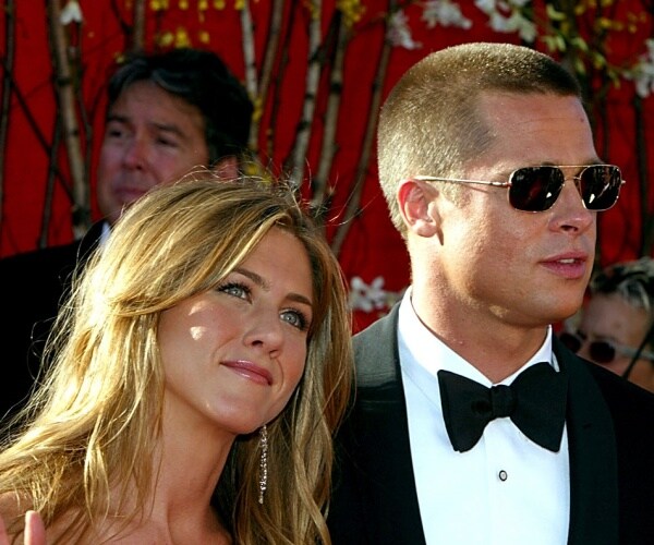 aniston and brad pitt in a suit and black bow tie