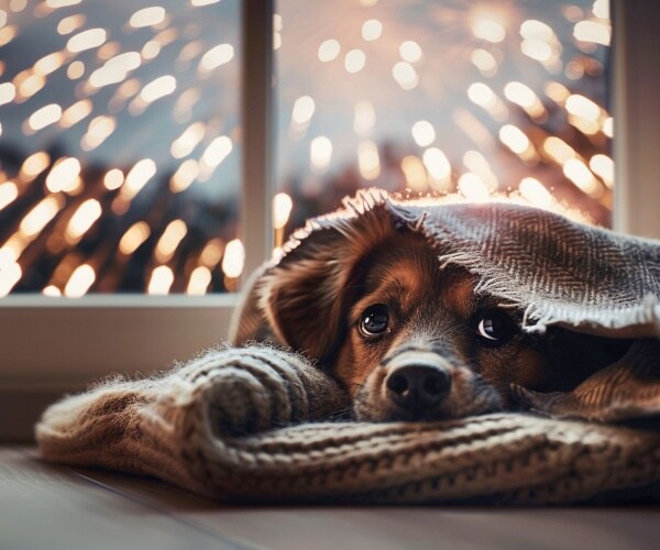 small dog hiding under blanket with fireworks outside the window