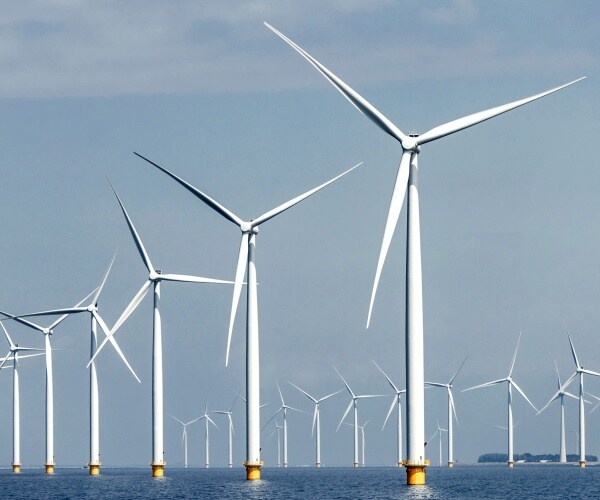 rows of wind turbines are shown in water