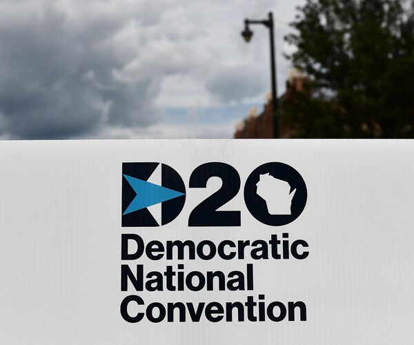 a black and blue sign for the democratic national convention