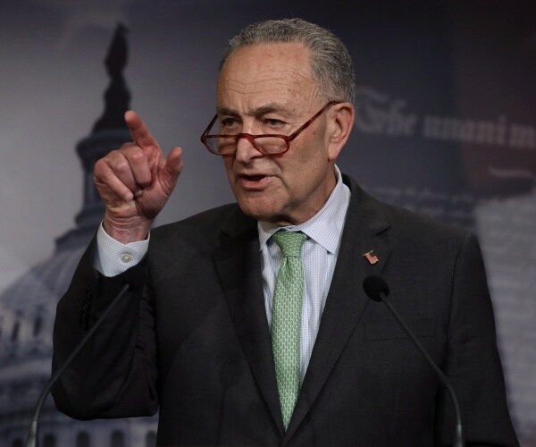 schumer in a dark gray suit and light green tie