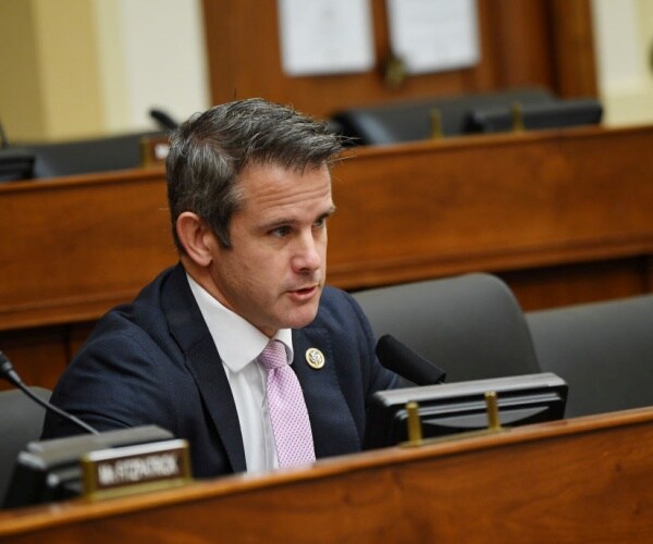 adam kinzinger sits at a table in a hearing room