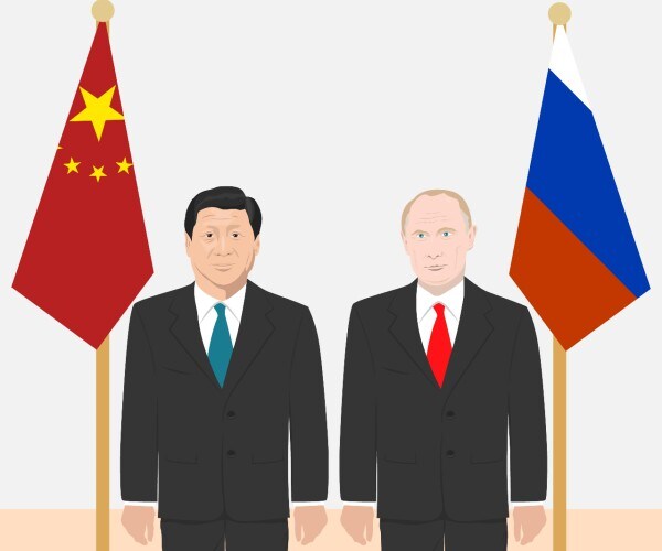 illustration of she and pootin standing side by side with the flags of china and russia behind them