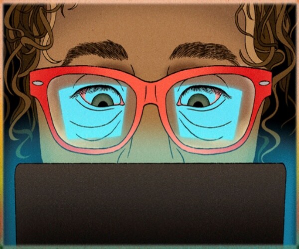 illustration of strained eyes with glasses looking at screen