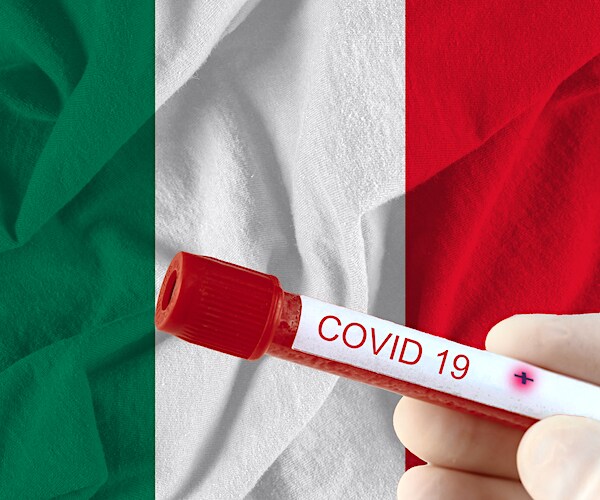 the italy flag with a vile of blood marked coronavirus