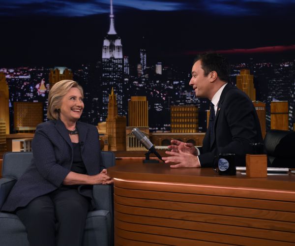 Hillary Clinton: Jimmy Fallon Wears Surgical Mask to Greet Candidate