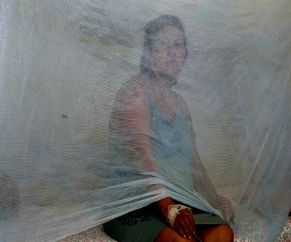 woman sitting behind netting to keep mosquitoes away