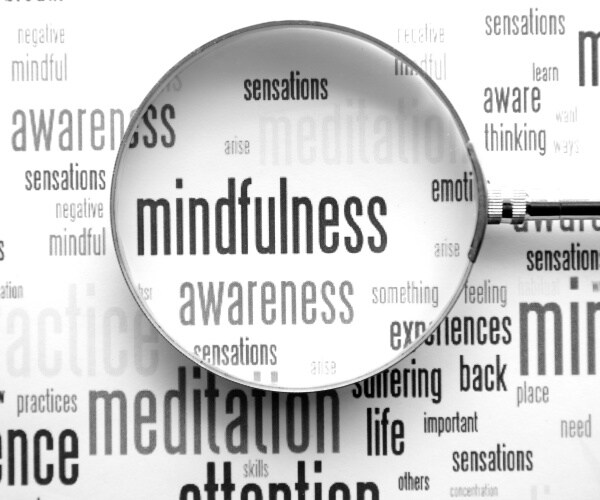 words about mindfulness with 'mindfulness' in a magnifying glass