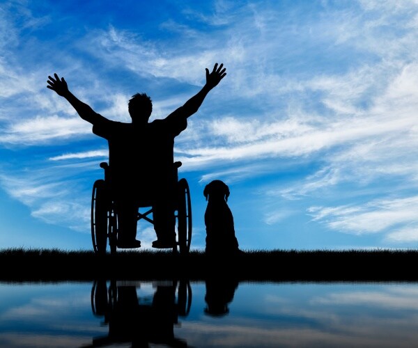 silhouette of person in wheelchair with arms up in happiness, dog next to him