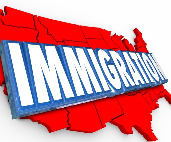 immigration 3d word on red map of us