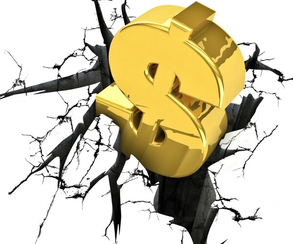 gold symbol of dollar falling into crack 