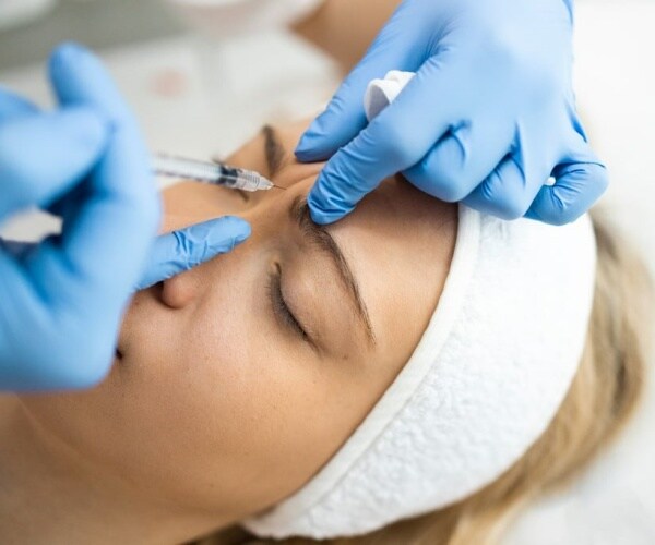 woman getting a shot of Botox in between eyes