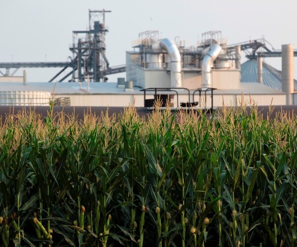 ethanol refinery in background with corn in the foreground