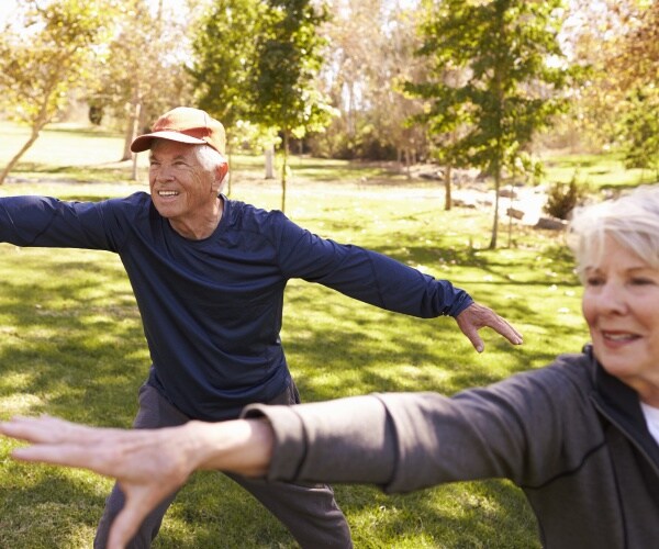 older couple doing tai chi in a park