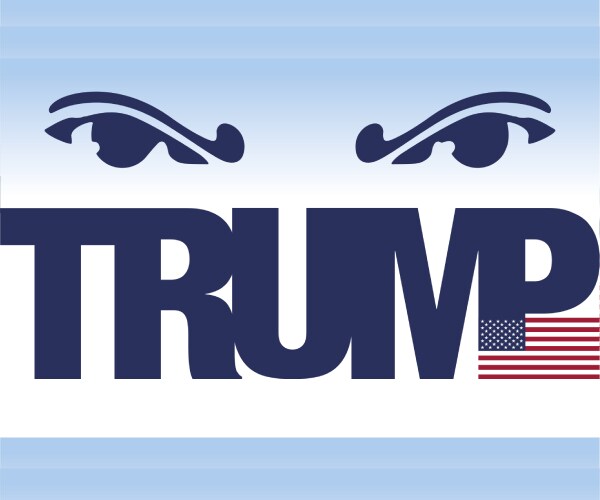 the name trump with two menacing eyes over it and a small american flag inside the bottom of the letter p