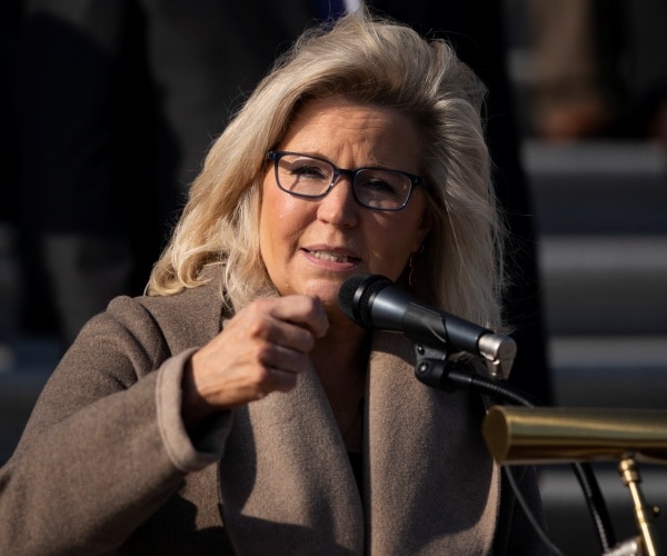 liz cheney speaks outside into a mic