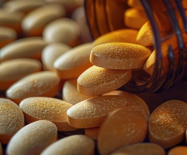 close-up of multivitamins spilling out of a bottle 