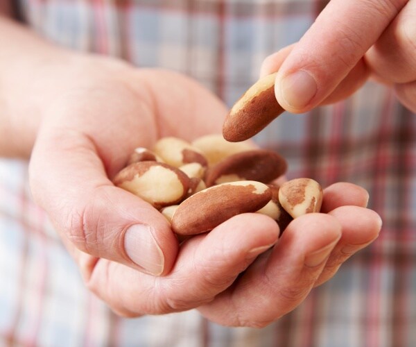 man eating Brazil nuts, a bunch in his hand