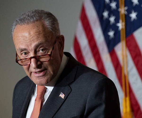 chuck schumer stands in front of american flag