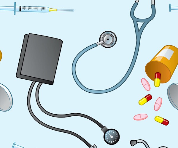 a cartoonish picture of medication and a stethoscope