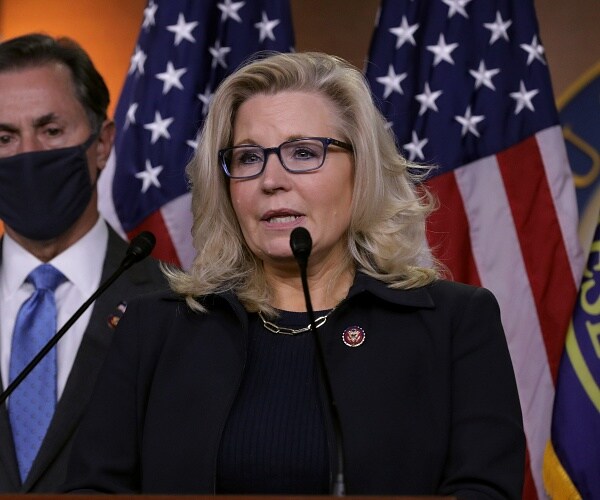 liz cheney talks into microphone