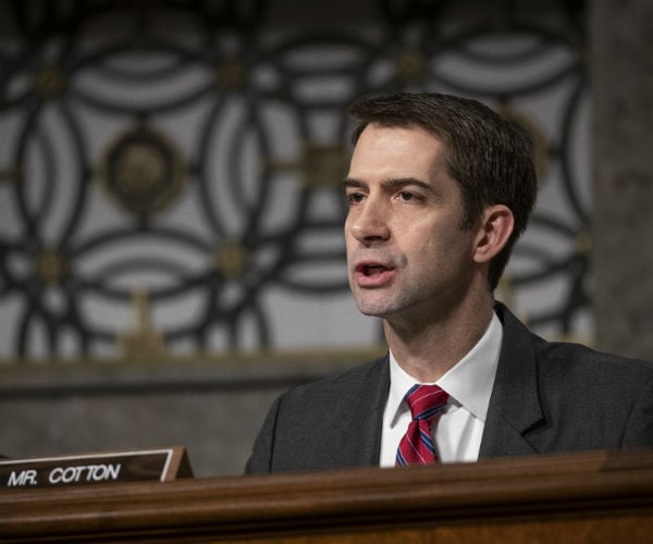 sen. tom cotton asks a question during a senate armed services committee hearing on capitol hill 