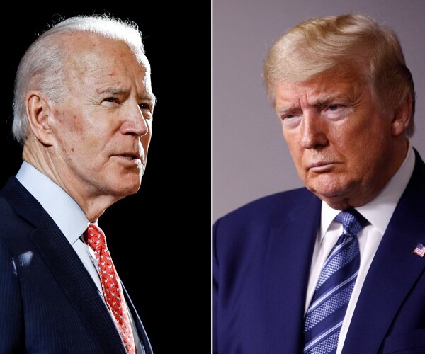 trump in a navy blue suit and tie and biden in a black suit and red tie