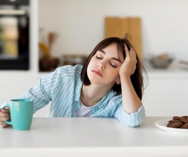 woman with a cup of coffee in hand falling asleep