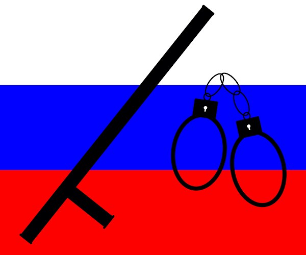 a russia flag with a police club and handcuffs in an illustration