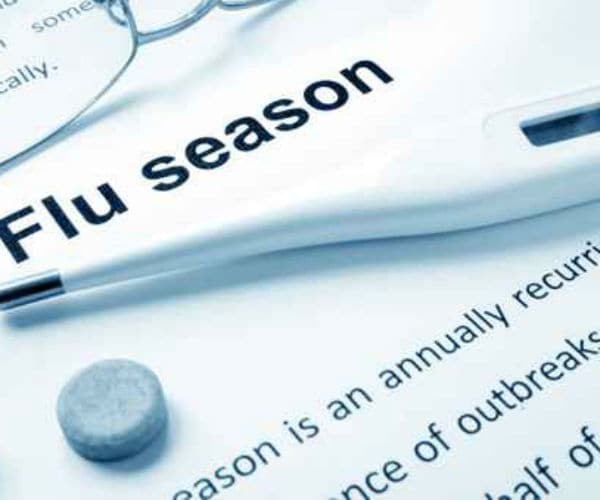 graphic shows flu season on a paper with a tablet and thermometer 