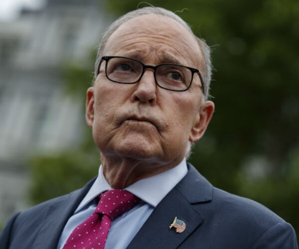 larry kudlow is shown in a light gray suit with an american flag on his lapel