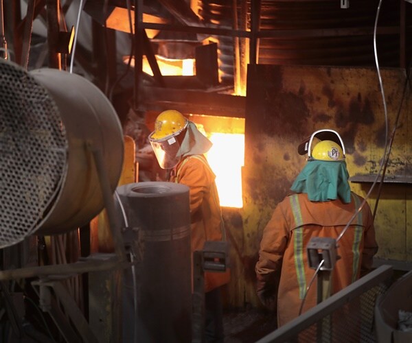 a furnace burns and workers wearing helmets stand by