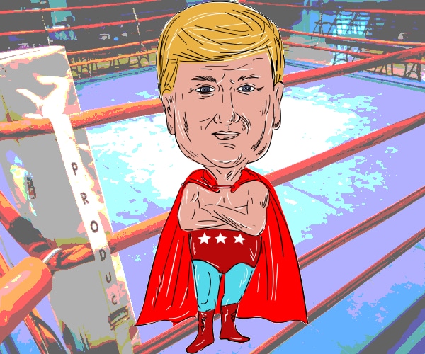 a cartoon image of donald trump as a professional wrestler in front of a wrestling ring