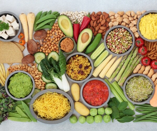 a long tray of plant-based foods