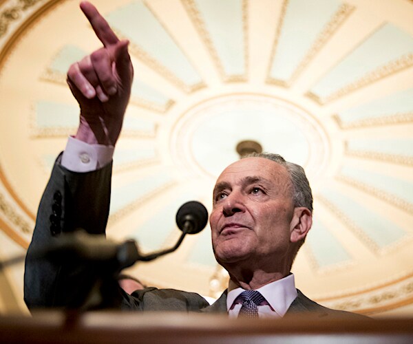 chuck schumer points and addresses the media during a news conference