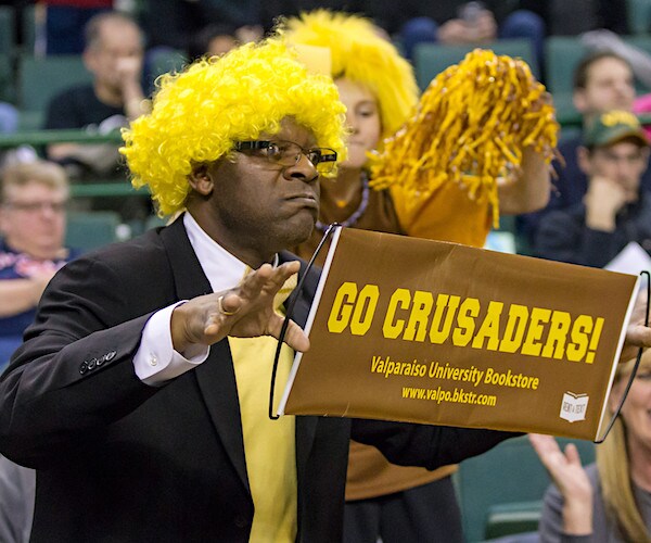 A Valparaiso Crusaders fan during the game between the Valparaiso Crusaders and Cleveland State Vikings