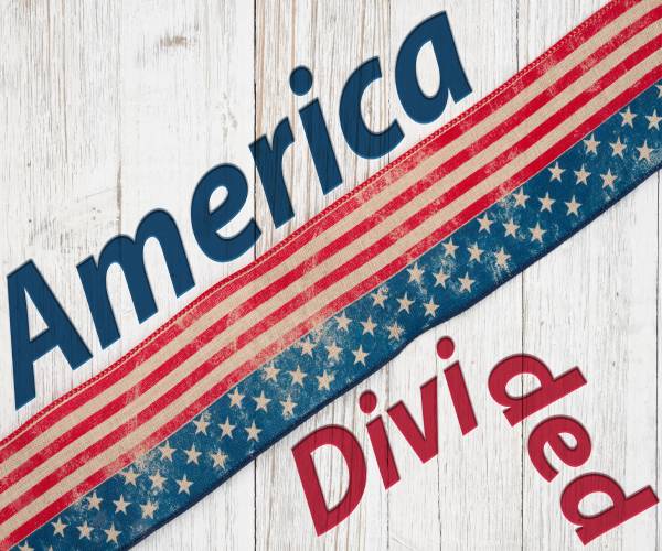 ribbon of stars and stripes with the words america divided